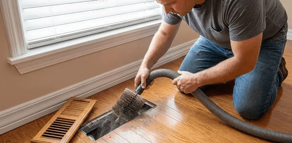 Air duct cleaning technician vacuuming a floor vent and duct opening in Columbia, MO