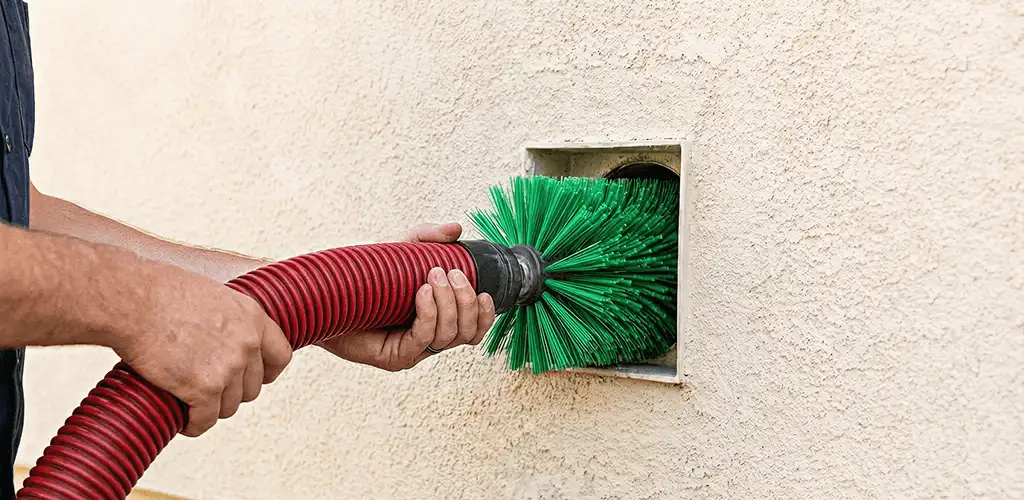 Air duct cleaning brush removing debris from a vent opening in Columbia, MO