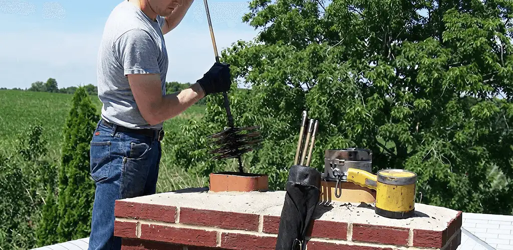 Chimney cleaning technician working on a rooftop chimney with professional tools in Columbia, MO