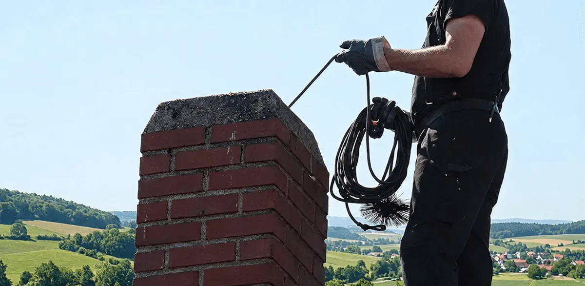 Chimney sweep inspecting and cleaning a rooftop chimney in Columbia, MO