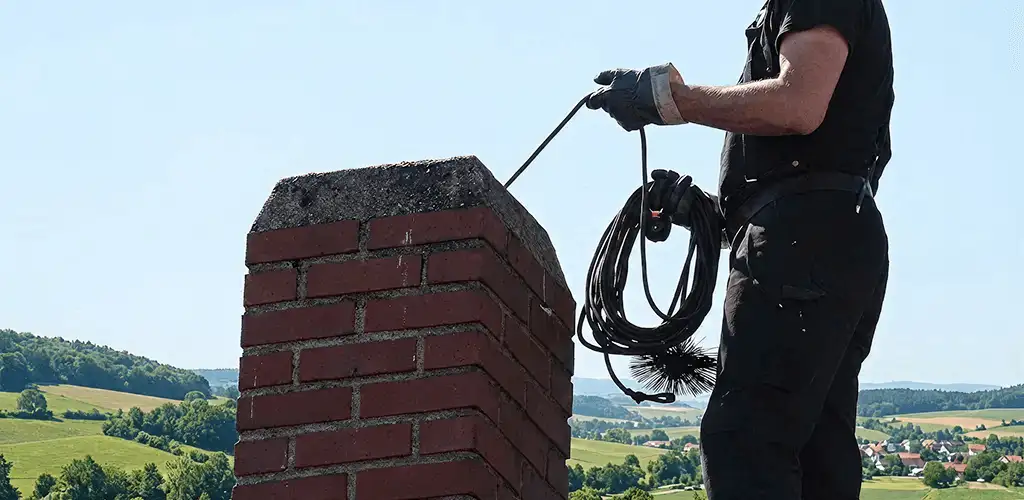 Chimney sweep inspecting and cleaning a rooftop chimney in Columbia, MO