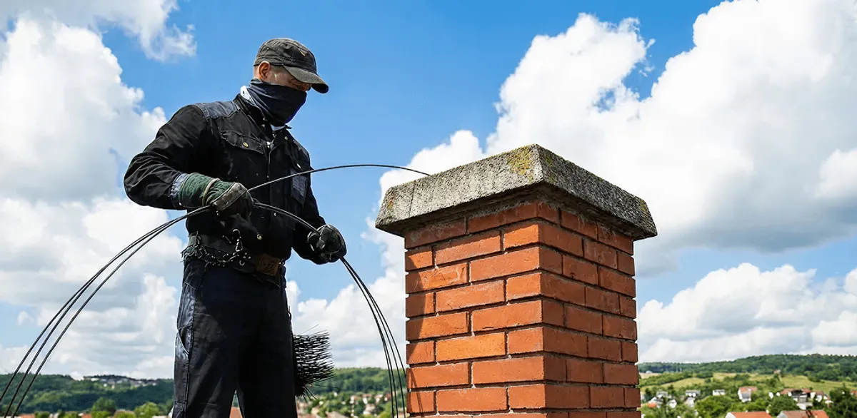 Chimney sweep cleaning a brick chimney with professional tools in Columbia, MO
