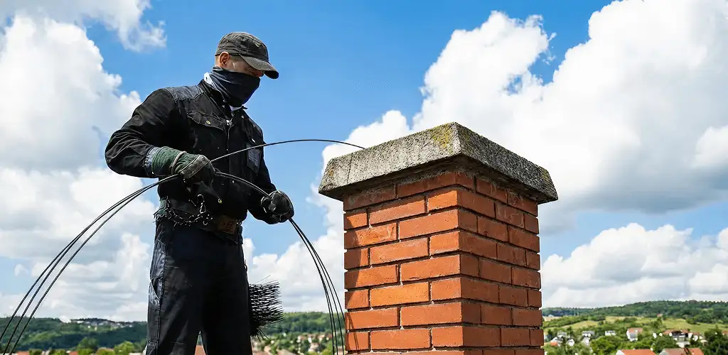 Chimney sweep cleaning a brick chimney with professional tools in Columbia, MO