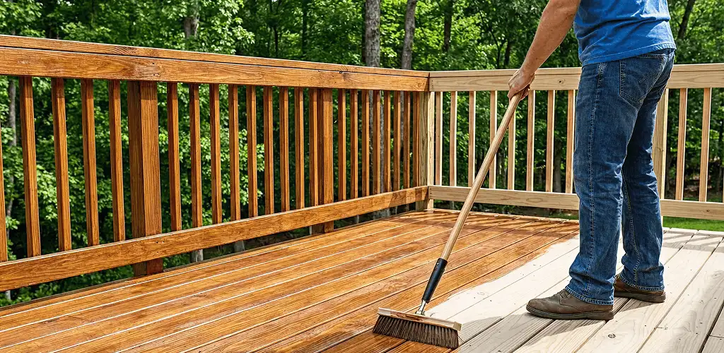 Deck staining and sealing application on a wood deck in Columbia, MO