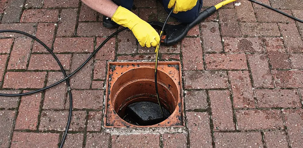 Drain cleaning technician using a drain snake to clear a clogged drain in Columbia, MO