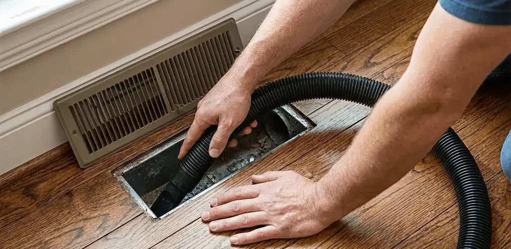 Air duct cleaning technician vacuuming a floor register and duct opening in Columbia, MO