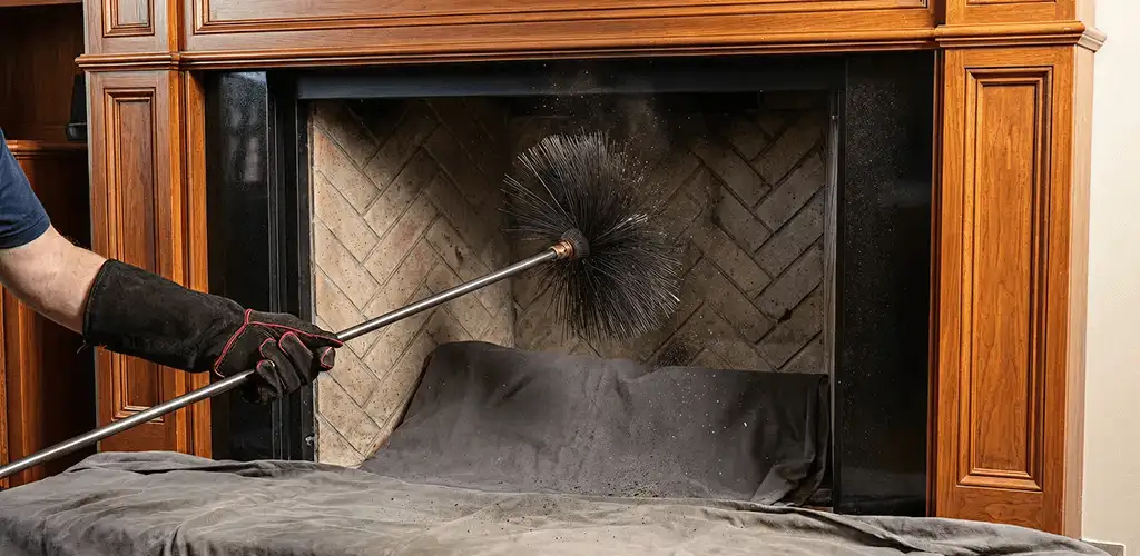 Chimney cleaning service brushing soot from a fireplace and flue in Columbia, MO