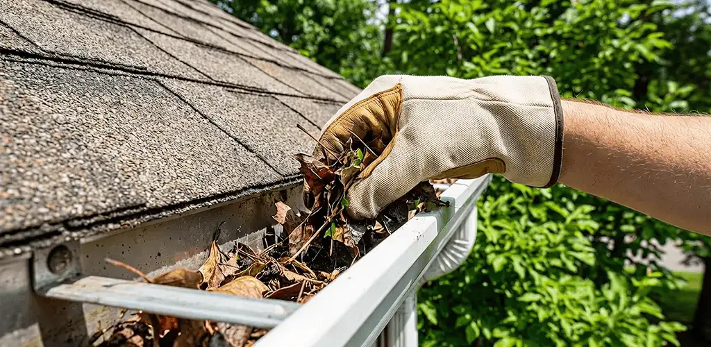 Gutter cleaning removing leaves and debris from roof gutters in Columbia, MO