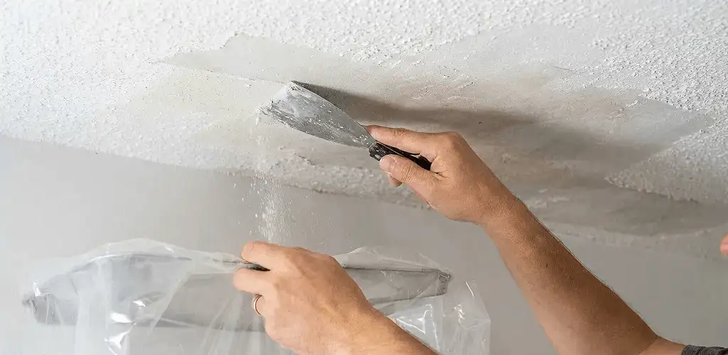 Popcorn ceiling removal technician scraping texture from a ceiling in Columbia, MO