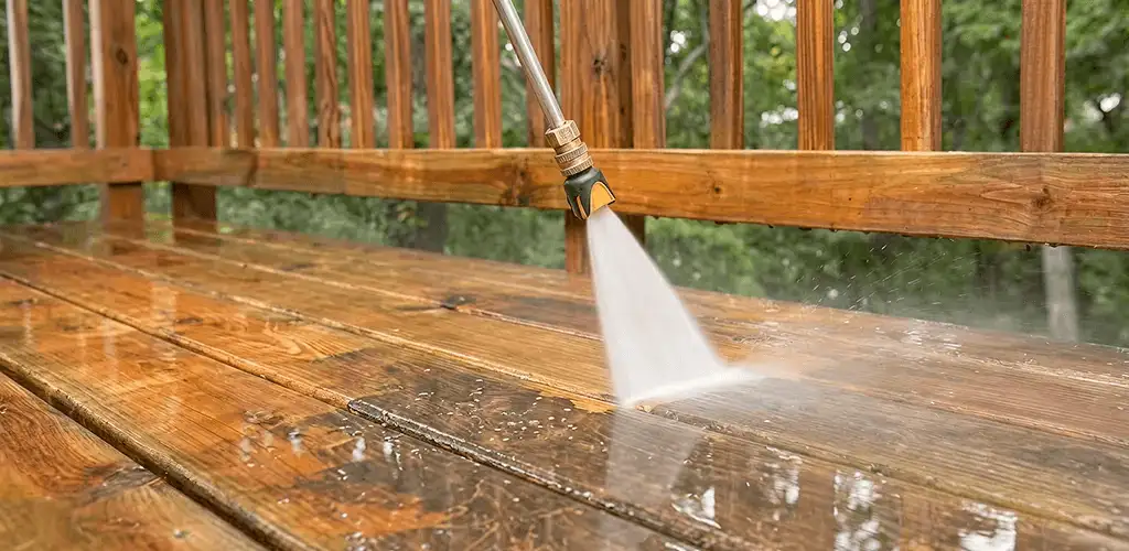 Pressure washing a wood deck to remove dirt and buildup in Columbia, MO