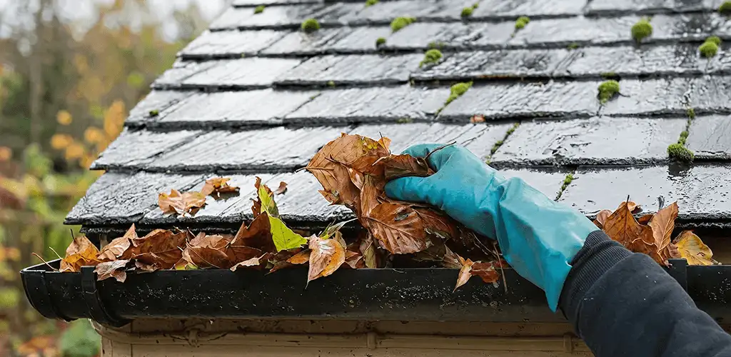 Gutter cleaning technician clearing wet leaves from roof gutters in Columbia, MO