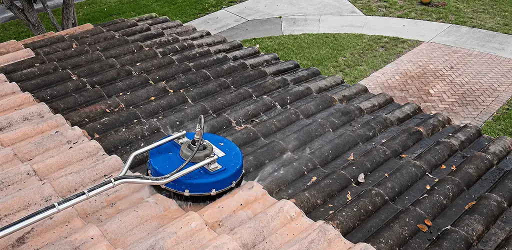 Roof pressure cleaning removing debris and buildup from roof tiles in Columbia, MO