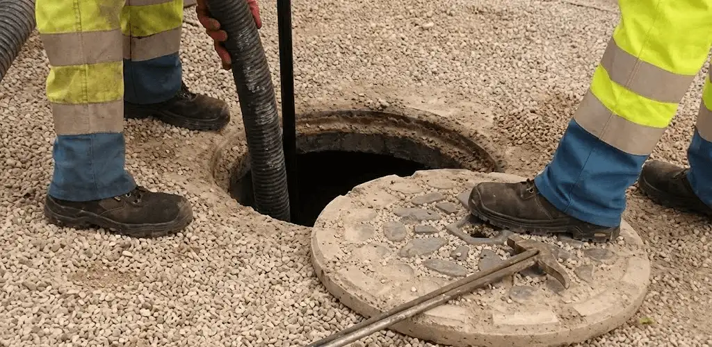 Drain cleaning crew clearing a sewer access point with professional equipment in Columbia, MO