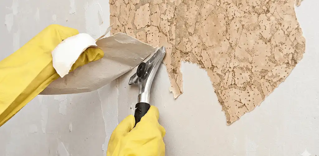 Wallpaper removal service stripping old wallpaper from a wall in Columbia, MO