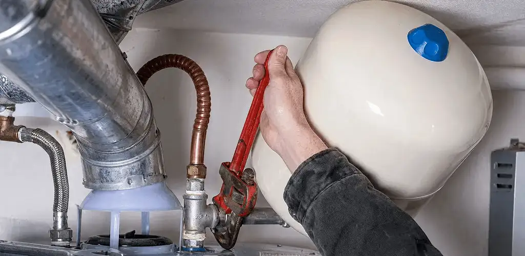 Water heater repair technician tightening plumbing connections near a tank unit in Columbia, MO